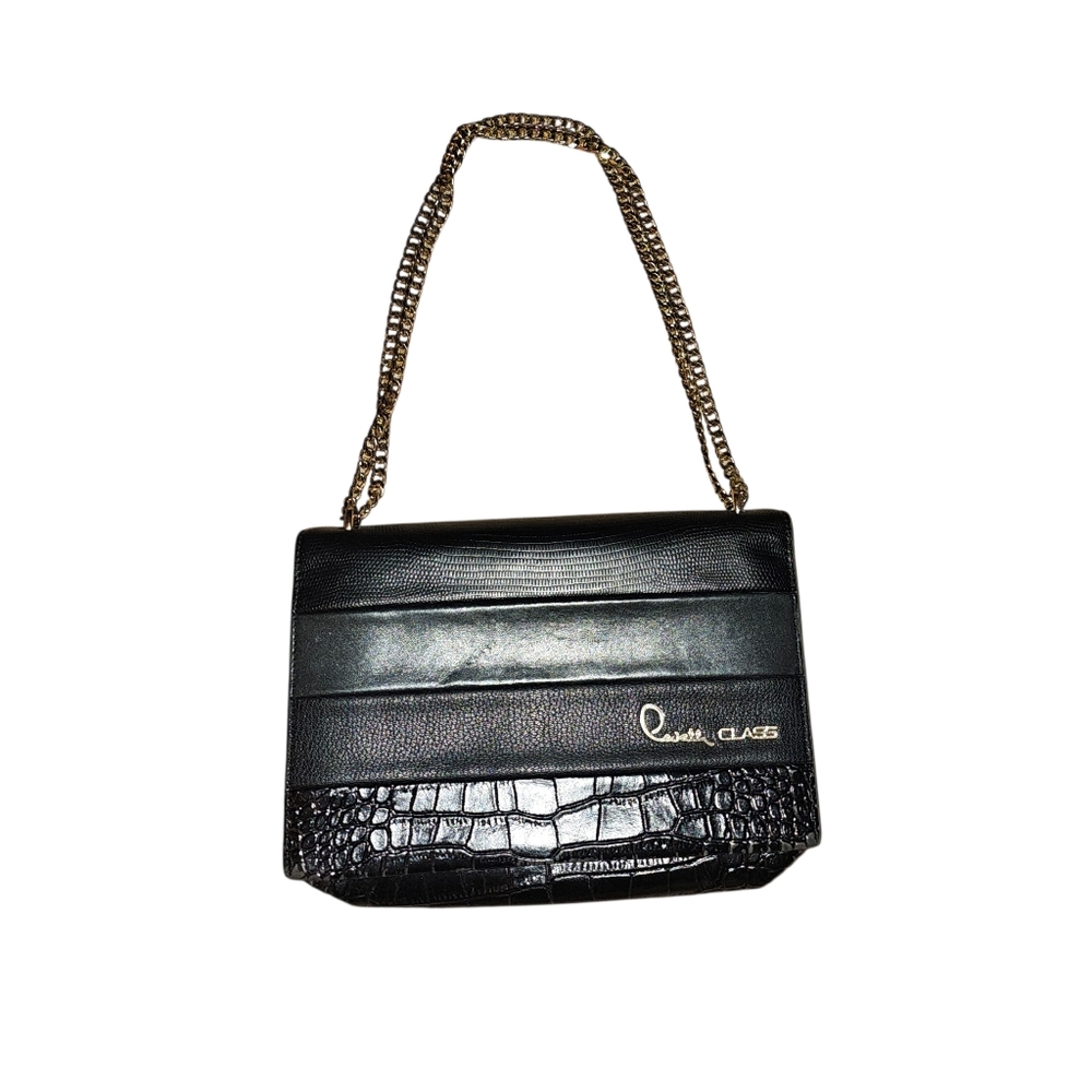 Class Roberto Cavalli Black Leather Moc Croc Handbag Purse With Chain Strap